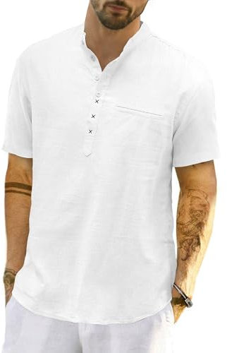 LVCBL Men's Casual Short Sleeve Shirts Regular Fit Linen Shirt Summer Beach Yoga Top White XL