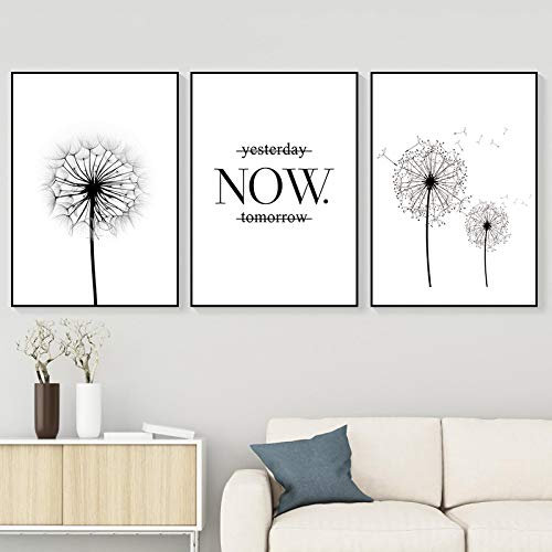 BIEMBI Yesterday Now Tomorrow Motivational Quote Poster Wall Art Print Minimalist Black White Dandelion Picture Decor Posters 50x70cmx3 rahmenlos
