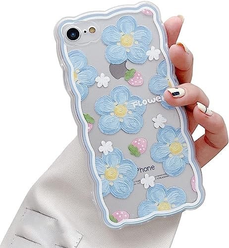 EYZUTAK Flower Case for iPhone SE(5G) 2022 iPhone 7 iPhone 8 iPhone SE 2020, Cute Blue Flower Strawberry Pattern Curly Wave Frame Shape Lace Phone Case Clear Slim Soft Protective TPU Cover - Blue
