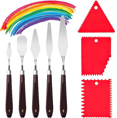 Graplan 8 Stück Spachtel Acrylmalerei Set Edelstahl Palettenmesser Strukturpaste Spachtel 5 Stück Malmesser Set mit 3 Stück Leimspachtel,Malspachtel für Ölgemälde,Gouache,Aquarell,Felsmalerei