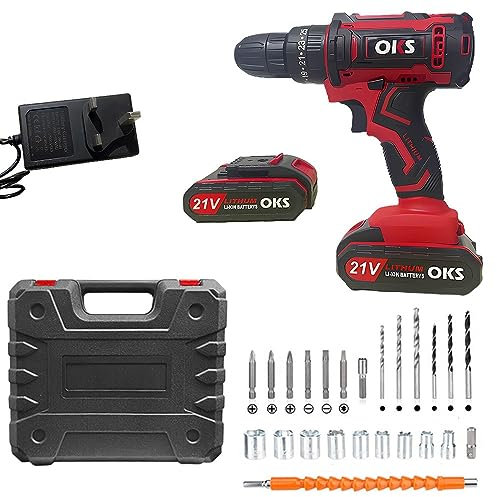 Sports flyfree Cordless Drill Driver, 21V Electric Hammer Drill Screwdriver Kit with 25+1 Torque, 2 Speed with 2 Batteries 2.0Ah, LED Light for Home and Garden DIY Project (Red)