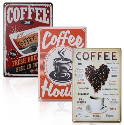 HMIEPRS 3Pcs Vintage Metal Tin Sign, Retro Coffee Sign Plague Poster, Coffee Menu Signs Wall Art Decor, Metal Tin Painting Signs for Cafe Pub Bar Club Home Decorations, 12 x 8 inch (Colorful)