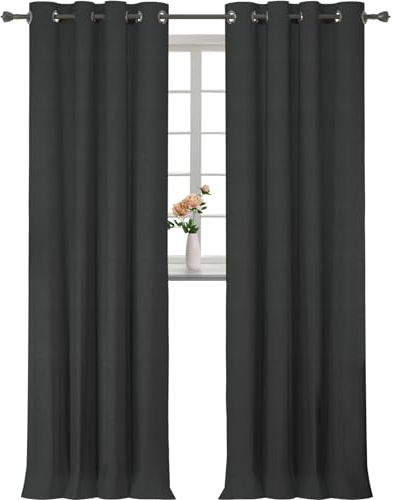 YSTELLAA 100% Gardinen Blickdicht 2er Set, 140×300cm,Thermovorhang Leinenoptik Kälteschutz, Schallschutz Gardinen Mit Ösen, Verdunklungsvorhänge Wohnzimmer, Schlafzimmer, Schwarz