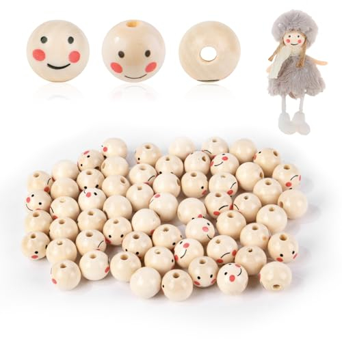 AUAUY 60PCS Lächeln Gesicht Holzperle, Holzperlen mit Gesicht Engel, 20mm Rund Holz Perlen mit Loch 4.5mm Holzperlen Natur für Weihnachtsengel Makramee Deko-Kugeln Kinder DIY Schmuck Armband Halskette