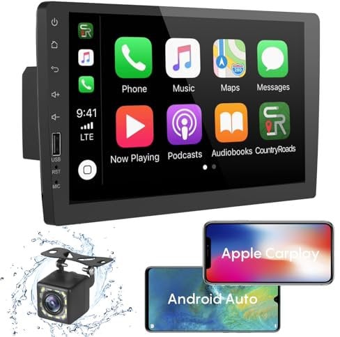 Radio Coche 1 DIN de 9 Pulgadas con CarPlay y Android Auto - Pantalla táctil Autoradio Bluetooth, Cámara de Visión Trasera de 12 LED, Radio FM/Mirror Link/USB