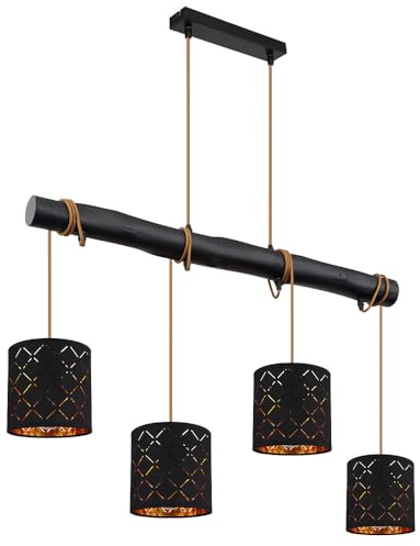 Globo Pendelleuchte schwarz Hängelampe Esstisch Wohnzimmerlampe Holzleuchte hängend, 4 flammig Höhe anpassbar, Dekorstanzungen Metall schwarz gold, 4x E27 Fassungen, HxLxB 150x85x15cm