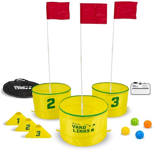 GoSports Yard Links Set de golf con 3 cubos, marcadores de tee y 4 bolas