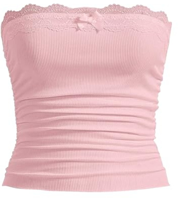 FeMereina Women Lace Trim Tube Tops Strapless Bowknot Front Cropped Bandeau Backless Shirts Ribbed Knit Ruched Bandeau Tank Tops Y2K Streetwear (Pink, S)