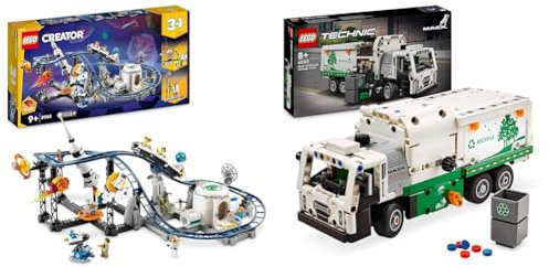 LEGO Creator 3-in-1 Weltraum-Achterbahn, Bausatz Einer Spielzeug-Kirmes mit funktionierenden Wägen & Technic Mack LR Electric Müllwagen, Müllauto-Modell für Recycling-Rollenspiele