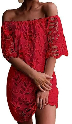 Robe en Dentelle pour Trajet, Sexy, épaules dénudées, Manches mi-Longues, sans Bretelles, Mode, Jupes ajourées, Couleur Unie, Robes décontractées, Printemps été