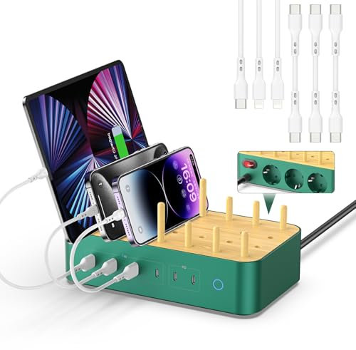 VisionSync Bamboo 60W 6 Port USB C Ladestation für mehrere Geräte, 20W PD Ladedock mit 3 AC Steckdosen, 3 USB C, 3 USB A, 2m Netzkabel für lPhone,lPad,Tablets... (6 gemischte Kabel), Grün