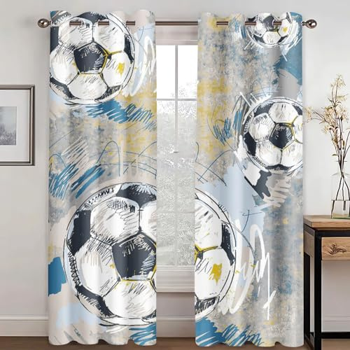WEQEER Football Sports Field Curtains, Blue 3D Football Pattern Eyelets Curtains, Colourful Football Children's Blackout Curtain, Boys Curtains for Bedroom (8.183 x 160 cm (2 x 91 x 160 cm))