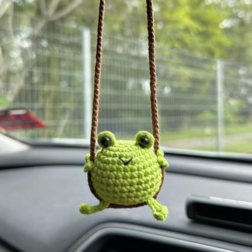 Cute Frog Crochet Hanging Car Accessories Crochet Pendant for Rear View Mirror Handmade Crochet Animals Car Hanging Ornament Gift (Frog, 7cmx6.5cm)