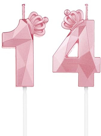 Geburtstagskerzen Zahlen 14 mit Krone,3D Kerzen Geburtstag für Kuchen geburtstagsdeko, Geburtstag Kerzen Zahlen, Geburtstagskerzen Kinder für Partys, Hochzeiten, Firmenfeiern, Jubiläen (Rosa, #14)