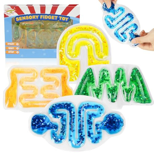 Ainiv 4PCS Sensorik Spielzeug, Sensorische Schläuche Fidget Spielzeug, Flüssig Fidget Squishy Maze Toy für Kinder Squishy Sensory Tubes Gefüllt mit Pailletten Squeezable Fidget Spiel für ADHS Autismus