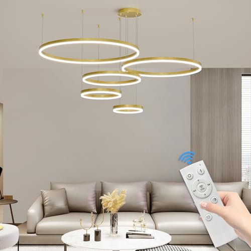 Mikeru LED Pendelleuchte Ringe 30+40+60+80+100cm, 5 Ringe LED Dimmbare Hängeleuchte Modern Esszimmer 3000K/4500K/6500K Goldener höhenverstellbarer Kronleuchter 10% Bis 100% für Wohnzimmer, Lofts