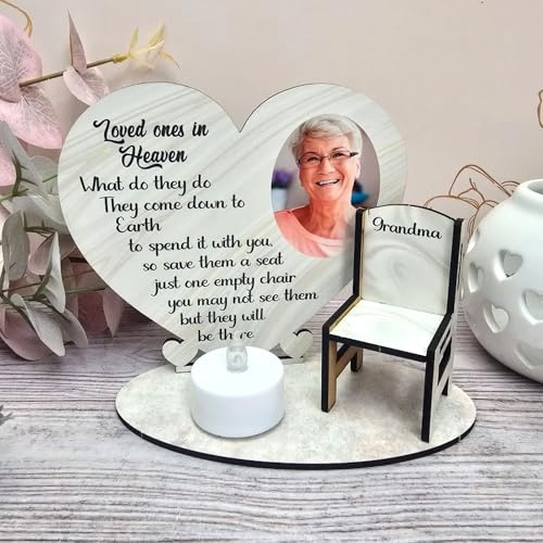 When Robins Appear Personalised Memorial Photo Heart on Stand with Miniature Chair – Custom Christmas Remembrance Keepsake, In Loving Memory of Lost Loved Ones (Cream)