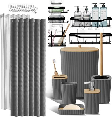 Clara Clark 25PC Modern Rustic Boho Grey Bathroom Accessory Set with Shower Caddy, Toothbrush Holder, Soap Dispenser, Trash Can, Toilet Brush, Shower Curtain Set