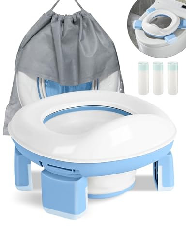 DEANIC 2-in-1 Portable Travel Potty for Baby Toddlers, Foldable Training Toilet With Splash Guard (1-4 Years), 60pcs Liners for Outdoor Use, Camping or Travelling (Blue)