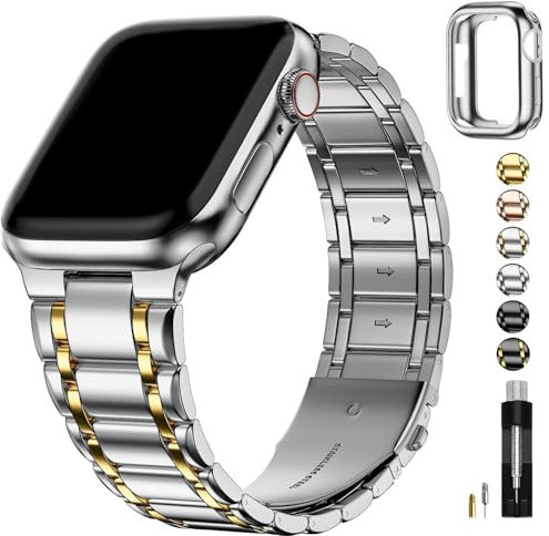 Fullmosa Compatible with Apple Watch Straps 46mm Stainless Steel Replacement iWatch Bands with TPU Protective Case for Series 11/10, Silver with Gold