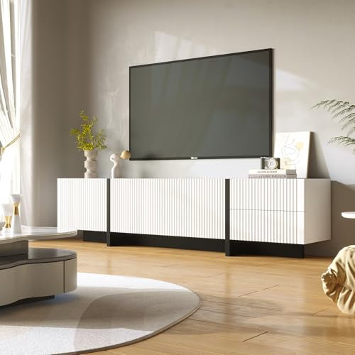 SHUGUANG Moderno Sencillo Mueble TV 190 cm Largo, Unidad para TV Salon con 3 Puertas, 2 Cajones, Amplio Almacenamiento, Banco TV Grande para TV de hasta 80, Blanco+Oro+Veta de Madera/Blanco+Negro
