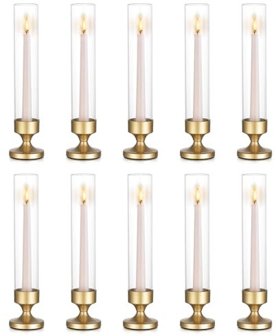 NUPTIO Hurricane Glass Candle Holder: Gold Candle Sticks Holder Tall Taper Candlestick Glass Cylinder - Set of 2 Wedding Centrepieces for Tables Fireplace Dining Table Decor