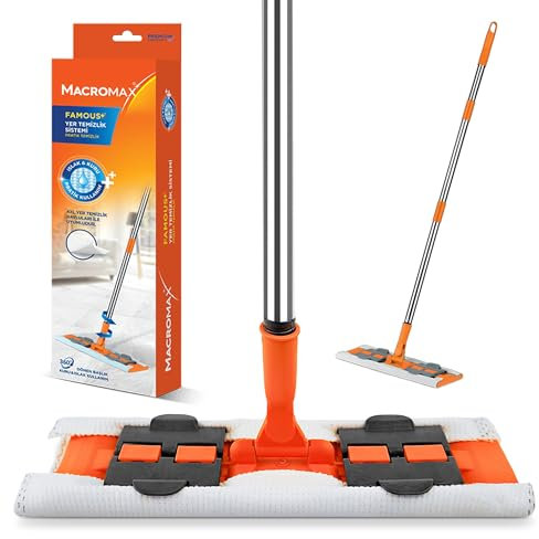 Macromax Famous Floor Cleaning System – Mocio piatto professionale con cuscinetti in microfibra, detergente multi-superficie per piastrelle, legno duro e laminato, mocio leggero e riutilizzabile per