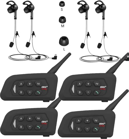 SolaMr V4C PLUS Interfono Arbitro, Bluetooth 5.1 Interphone per Orecchio Destro con Riduzione del Rumore CVC, Radio FM e Intercomunicazione a 4 vie per una Distanza di Fino a 1500 m - 4PACK