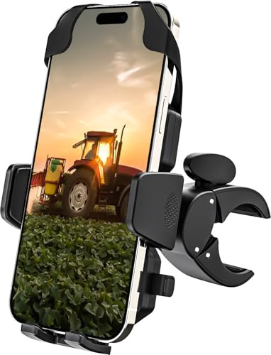 Dosvsi Tractor Phone Clamp Mount, [Upgrade Secure Tether] Stable Phone Clip | Cellphone Holder for Forklift/ Farming Machine/ Truck Handle/ Front Loader, for iPhone, Galaxy, 4-7 Phone with Thick Case