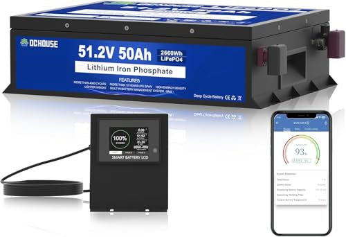 DCHOUSE 48V 50AH LiFePO4 Batería de Carrito de Golf, 100A BMS, con Bluetooth&Monitor LCD, Baja Temperatura de Corte, 2C tasa de Descarga, Pico de Corriente 200A para cortadora de césped,Sistema Solar