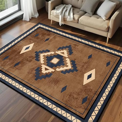 YJDRUG Teppich Wohnzimmer Boho,80x150cm Waschbarer Azteken-Teppich Mit Geometrischem Druckdesign In Braun, Blau und Beige für Wohnzimmer, Schlafzimmer und Esszimmer Im Landhausstil