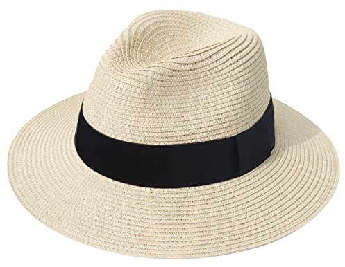 DRESHOW Women Wide Brim Straw Panama Roll up Hat Fedora Beach Sun Hat UPF 50+