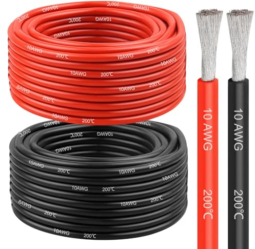 10 Gauge Silicone Wire (50ft Red & 50ft Black), 10 AWG Electrical Cable 0.08mm Tinned Copper Core High Temperature Resistant Wire, Soft and Flexible for RC Cars, Boat, Drones etc
