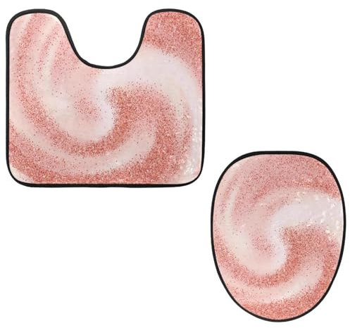 VAPOKF 2 Pieces Pedestal Bathroom Rugs Set, U-Shaped Contour Mat and Toilet Lid Cover, Soft Non-Slip Flannel Bathroom Mat Toilet Seat Cover - Gold Rose Glitters Swirle on Pink