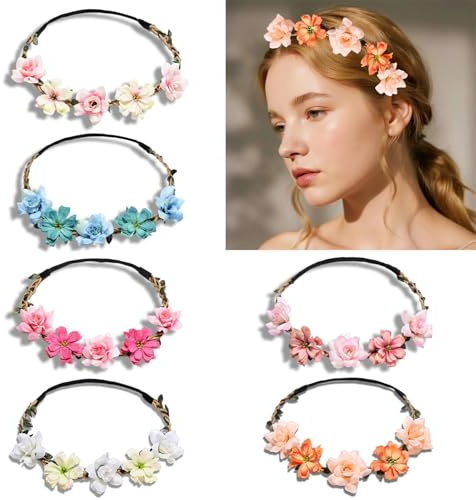 Flower Crown Rose Peony Garland Headband Hair Wreath Floral Headpiece with Adjustable Ribbon Wedding Festival Party (multicolored)
