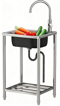 38x33cmFreistehende Außenspülen, Edelstahlspülen, gewerbliche Küchenspülen, Handwaschbecken, mobile Spülbecken mit Warm- und Kaltwasserhahn für Garagen, Restaurants, Waschküchen