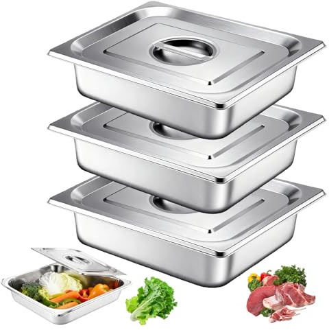 BORDEAG Lot De 3 Bols À Paner GN 1/2, Bac Inox Alimentaire, Plat Four Rectangulaire, Bac Gastro Inox Avec Couvercle, Plat Inoxydable Barbecue Pour Escalopes, Viande, Poisson, 32,5 X 26,5 X 6,5 cm
