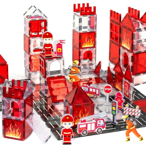 cossy 42 PCS Magnetic Tiles, 3D Firefighter Magnetic Building Blocks Set, STEM Magna Tiles for kids, Building Construction Toddler Toy, Learning Educational Construction Toys for 3+ Year Boys & Girls