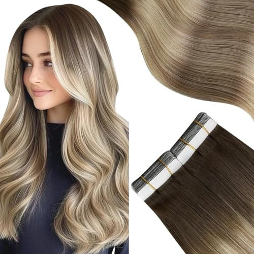 Moresoo Tape in Human Hair Extensions 18 Inch Ombre Light Brown with Medium Blonde Tape in Hair Extensions Dark Brown Root 20pcs 50G #3/8/22