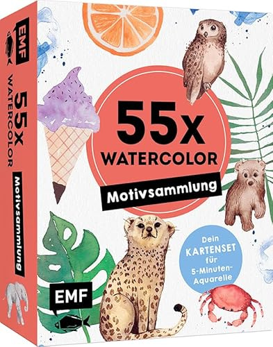 55 x Watercolor – Motiv-Sammlung: Kartenset für 5-Minuten-Aquarelle: 55 Karten mit einfache Aquarellmotiven zum Mitnehmen und Verschenken | Mit Booklet und Anleitungen | Pflanzen, Tiere und mehr malen
