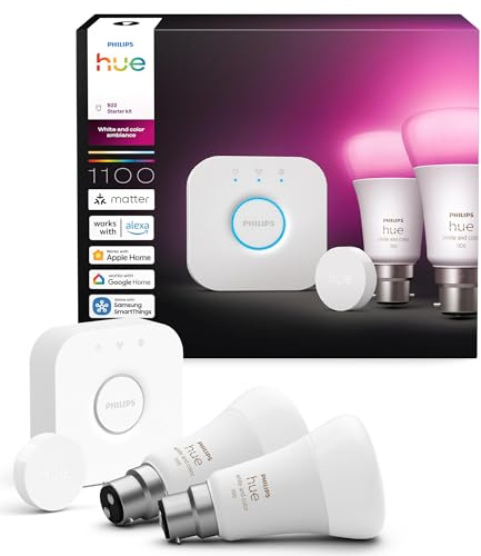 Philips Hue Starter Kit, Bridge + 2 Spotlight Bulbs + Button, B22 | White and Colour Ambiance Light, Smart LED, Dimmable, 16 Million Colours, Bluetooth App Control, Smart Home