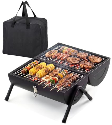 Outopee Portable Charcoal BBQ Grill with Storage Bag for Outdoor BBQs | Tabletop Heavy Duty Small Outdoor Barbecue Smoker with Double Sides Grill Surface for Camping Garden Party Picnic Cooking