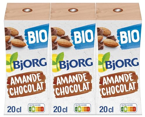 BJORG - Lait d'Amande Chocolat - Source de Calcium - 100 % Végétal - Pauvre en Acides Gras Saturés - Bio - 3 Mini Briques de 20cl
