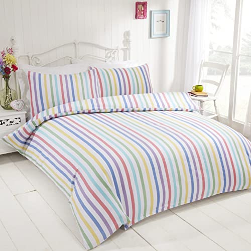 Rapport home Candy Stripe Double Duvet Cover Set - 100% Cotton, Multicolour Striped Pattern, Easy Care Bedding for Kids & Adults