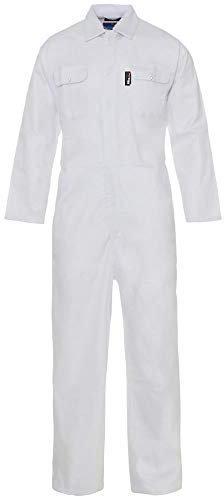 Pro-work Herren-Overall aus strapazierfähigem Polyester-Baumwoll-Mischgewebe, Arbeitskleidung mit Vollnieten und elastischem Bund und Sicherheitsspezifikationen Gr. 58, weiß