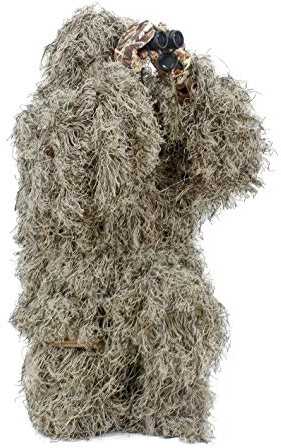 AUSCAMOTEK Ghillie-Anzug für Herren, Gilly Anzug für die Jagd, Halloween-Kostüm, Airsoft, Paintball, Kapuze, Gewehrwickel, inklusive Gewehrwickel, Größe S, trockenes Gras