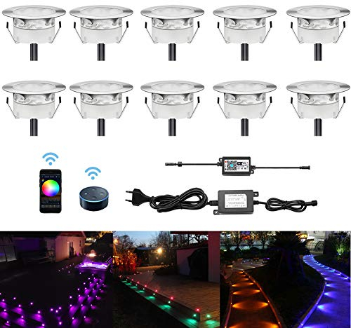 10er Set LED Treppen Bodeneinbaustrahler IP67 Wasserdicht Aussen, RGB WiFi Terrassen Einbaustrahler Kompatibel mit Amazon Alexa, Google Home, Ø60mm LED Bodeneinbauleuchten Steuerbar via App