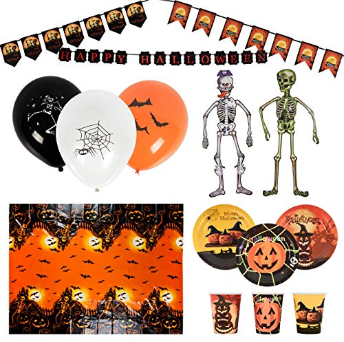 The Twiddlers - 80 Pack Happy Halloween Banner Party Hanging Bunting Skeleton Pumpkin Balloons Spooky Decorations and Tableware Set