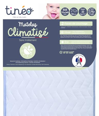TINÉO – Klimaaktive matratze 70x140x10 cm – Babymatratze – klimatisiert – 1 Sommerseite – 1 Winterseite – unbehandelt – Dichte 20 kg/m3 – Made in France
