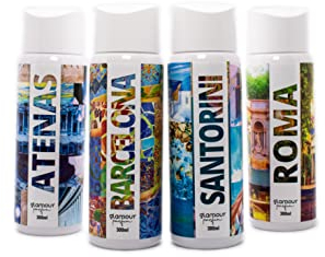 GLAMOUR PARFUM - Pack 4 Recambios Ambientador de Hogar - Fragancia Atenas, Barcelona, Santorini y Roma - 4 x 300 ml - Pack Cosmopolitan - Ambientadores Textiles de Hogar - Reutilizable